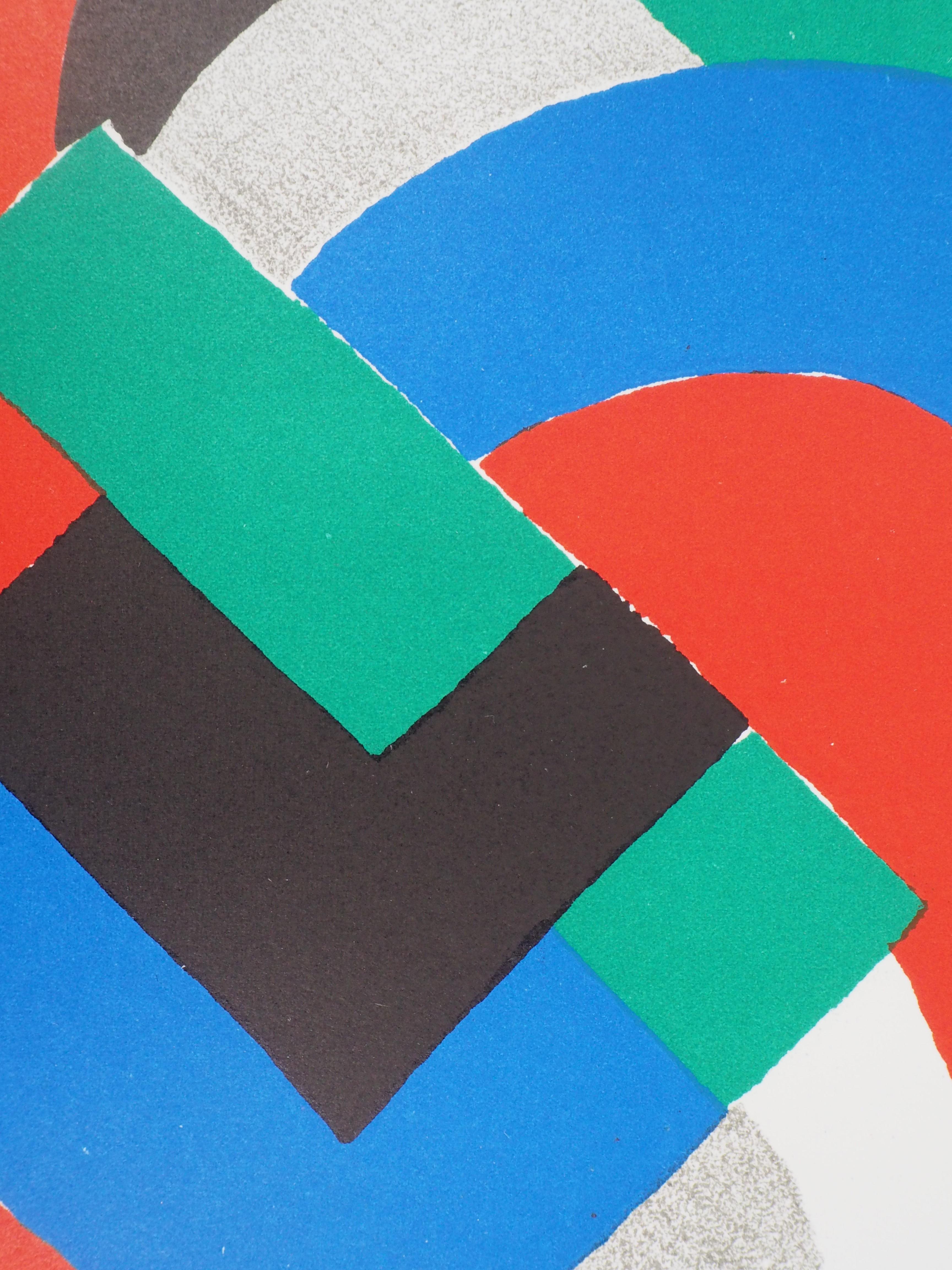Composition en vert, bleu et rouge - Lithographie originale (Mourlot 1969) - Bleu Abstract Print par Sonia Delaunay