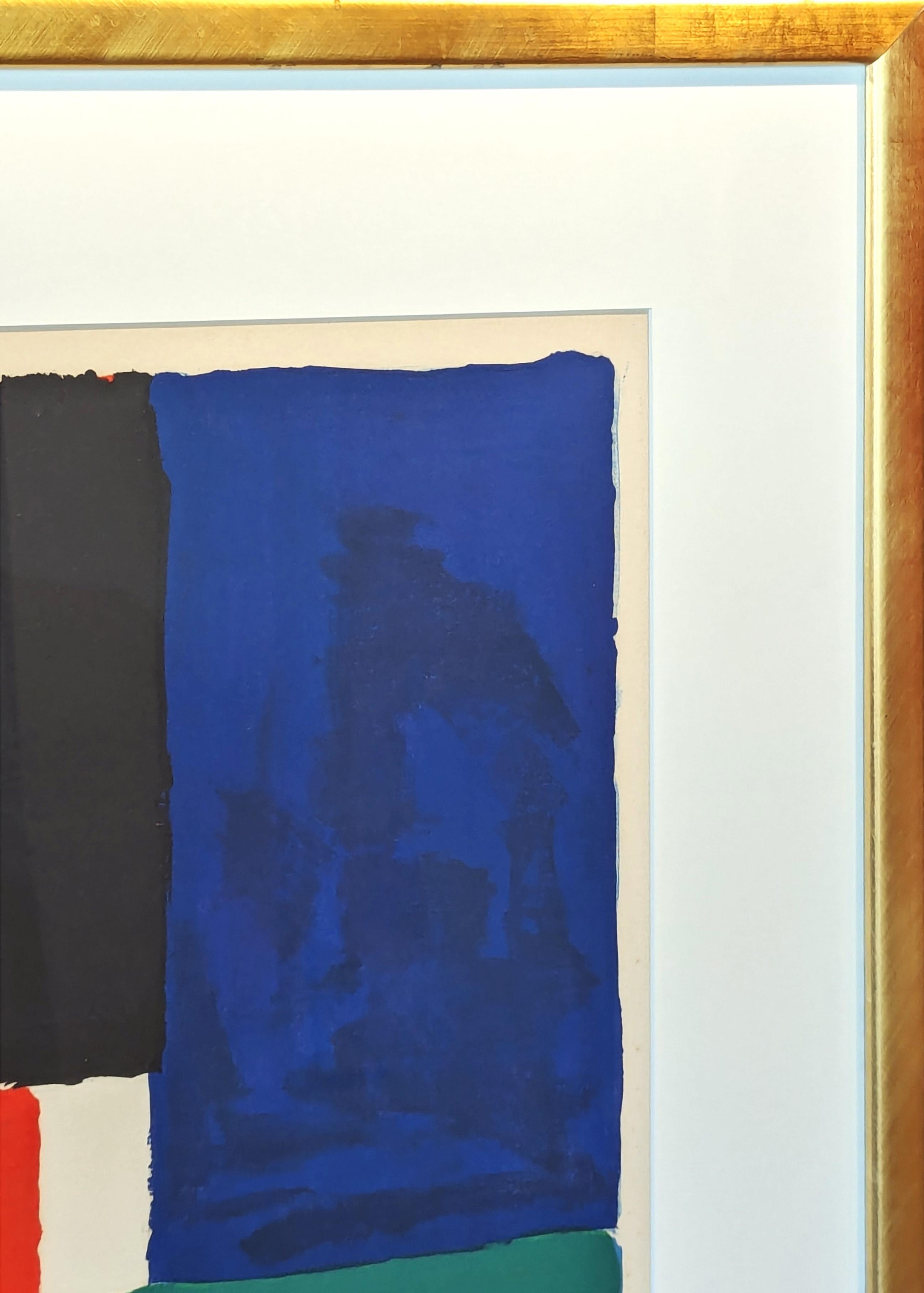 Moderne, farbenfrohe, geometrische, abstrakte Lithografie der frühen Künstlerin Sonia Delaunay. Zusammen mit ihrem Ehemann Robert Delaunay trug Sonia zur Entstehung der künstlerischen Bewegung des Orphismus bei, einer eher lyrischen, farbbetonten