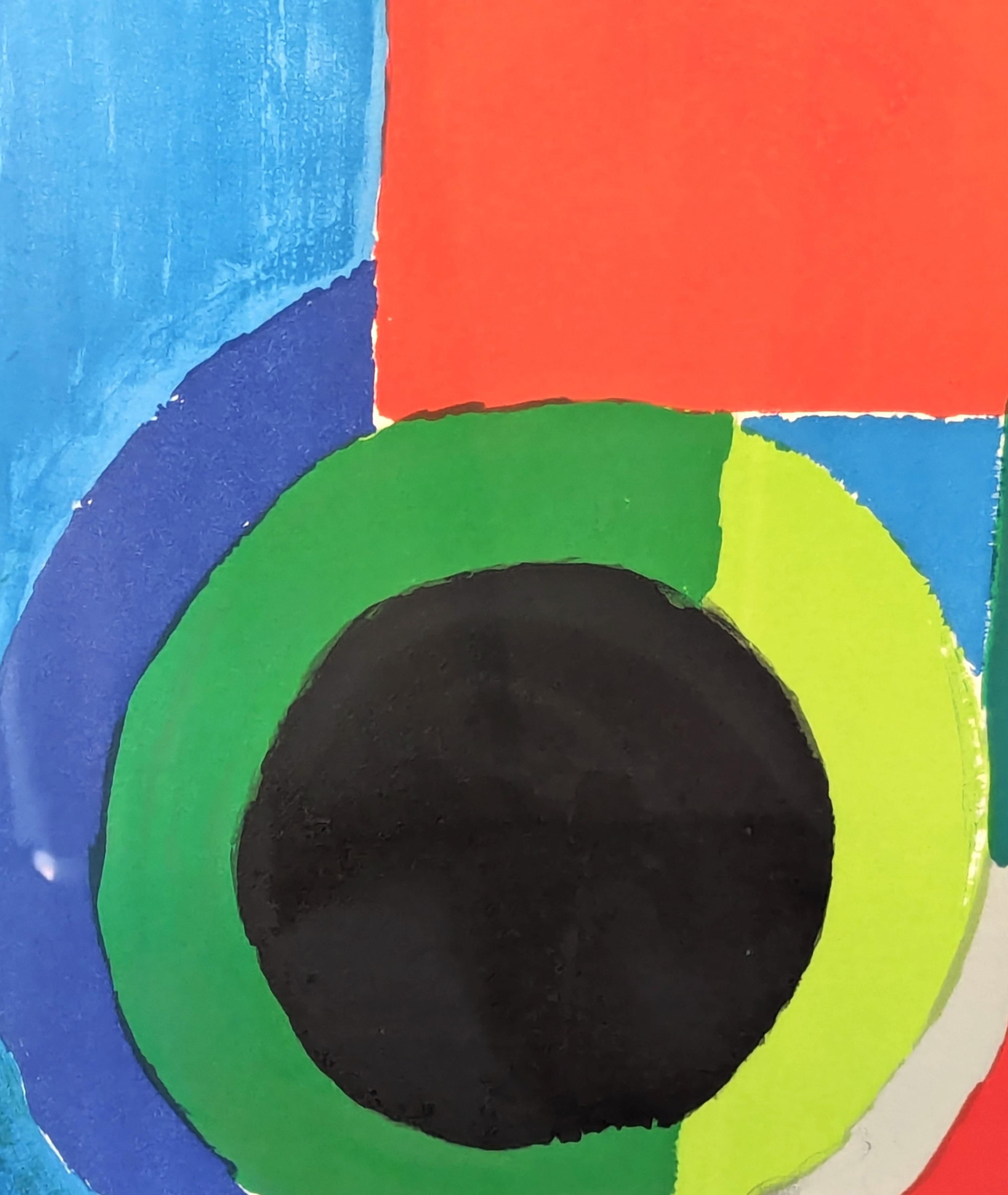 Litografía abstracta geométrica de colores modernos de la artista temprana Sonia Delaunay. Sonia, junto con su marido Robert Delaunay, ayudó a formar el movimiento artístico llamado Orfismo, una rama del Cubismo más lírica y basada en el color. Esta