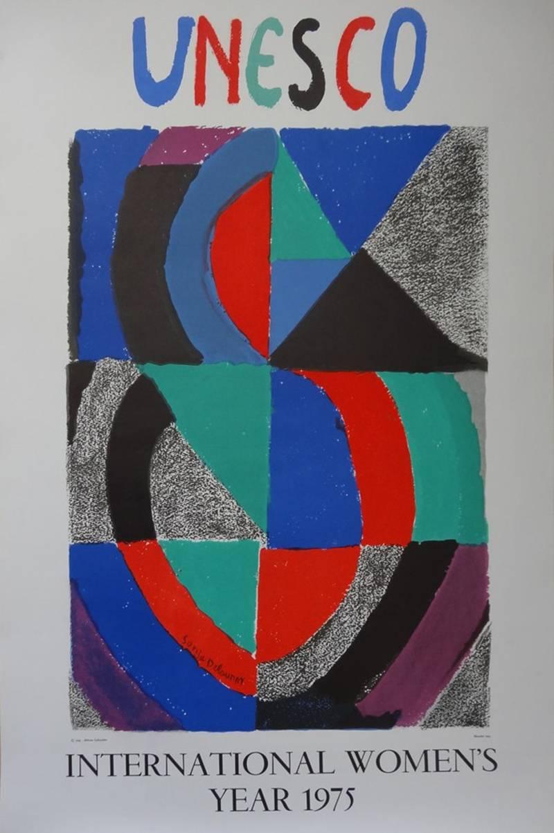 Sonia Delaunay Abstract Print - International women's year - Original Lithograph Vintage Poster - 1975