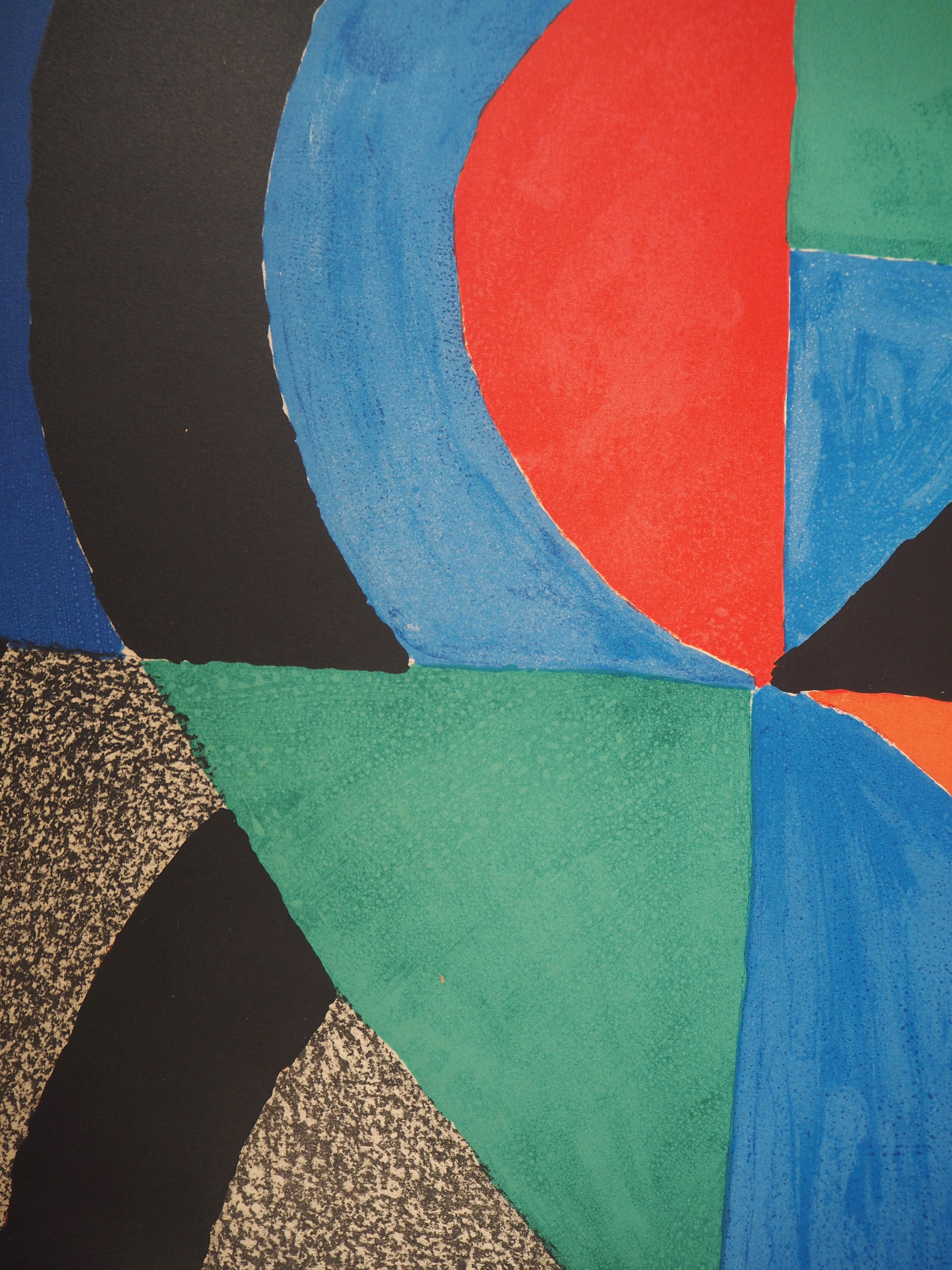 Sonia DELAUNAY
Rythm and colors (Tall Icon), c. 1970

Original lithograph 
Signed in pencil
Justified Epreuve d'artiste (artist proof)
On Arches vellum 89 x 62 cm (c. 36 x 25 in)

Good condition, paper lightly yellowed and small defects at the edge
