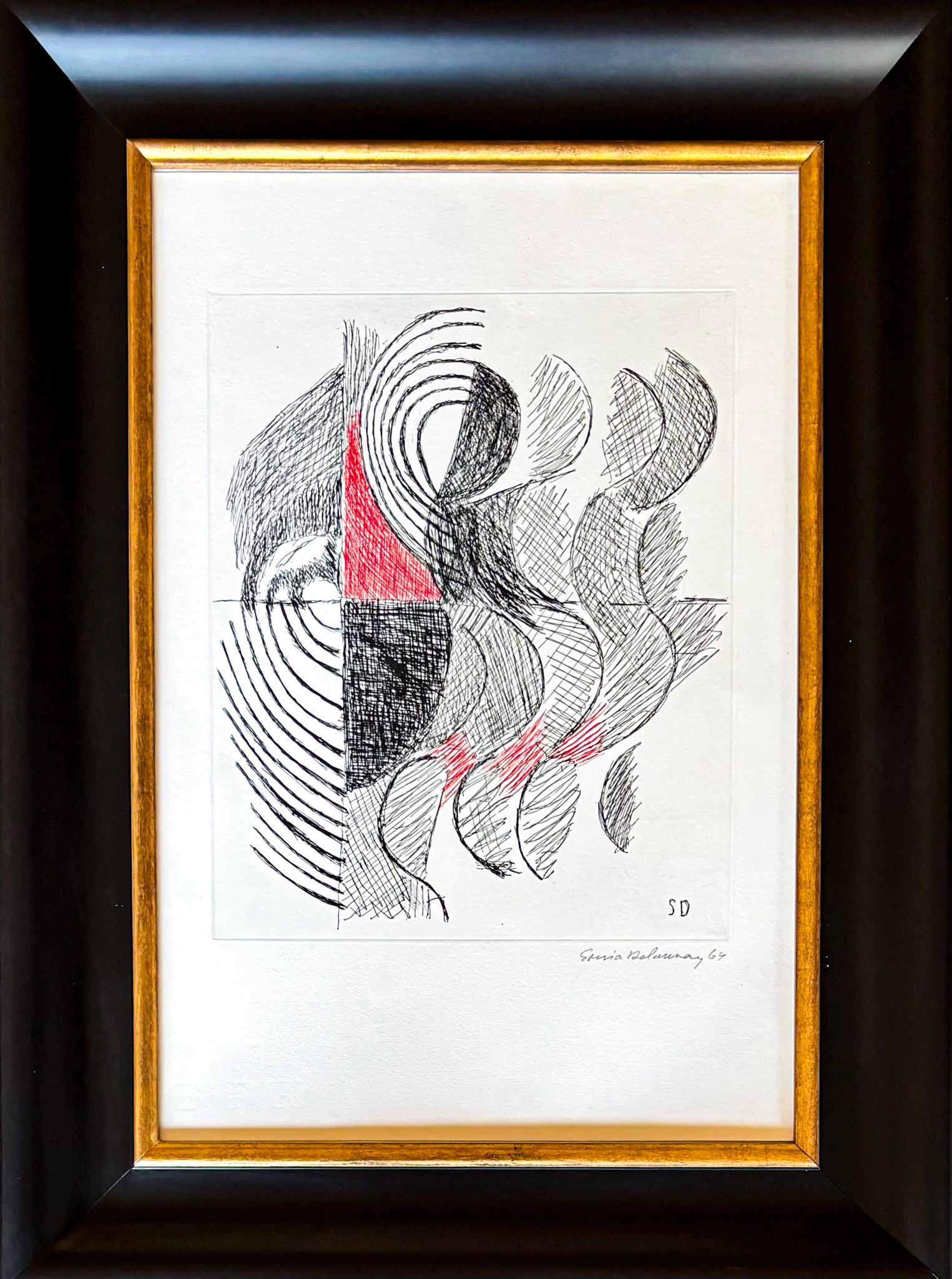 Etching on paper, edited in 1964
signed in pencil by artist
paper size: 34 x 28 cm
framed size: 67 x 49 x 5.5 cm

Framed to museum standards in a handmade frame ,
the background is made ph neutral for proper preservation of the work over the years ,