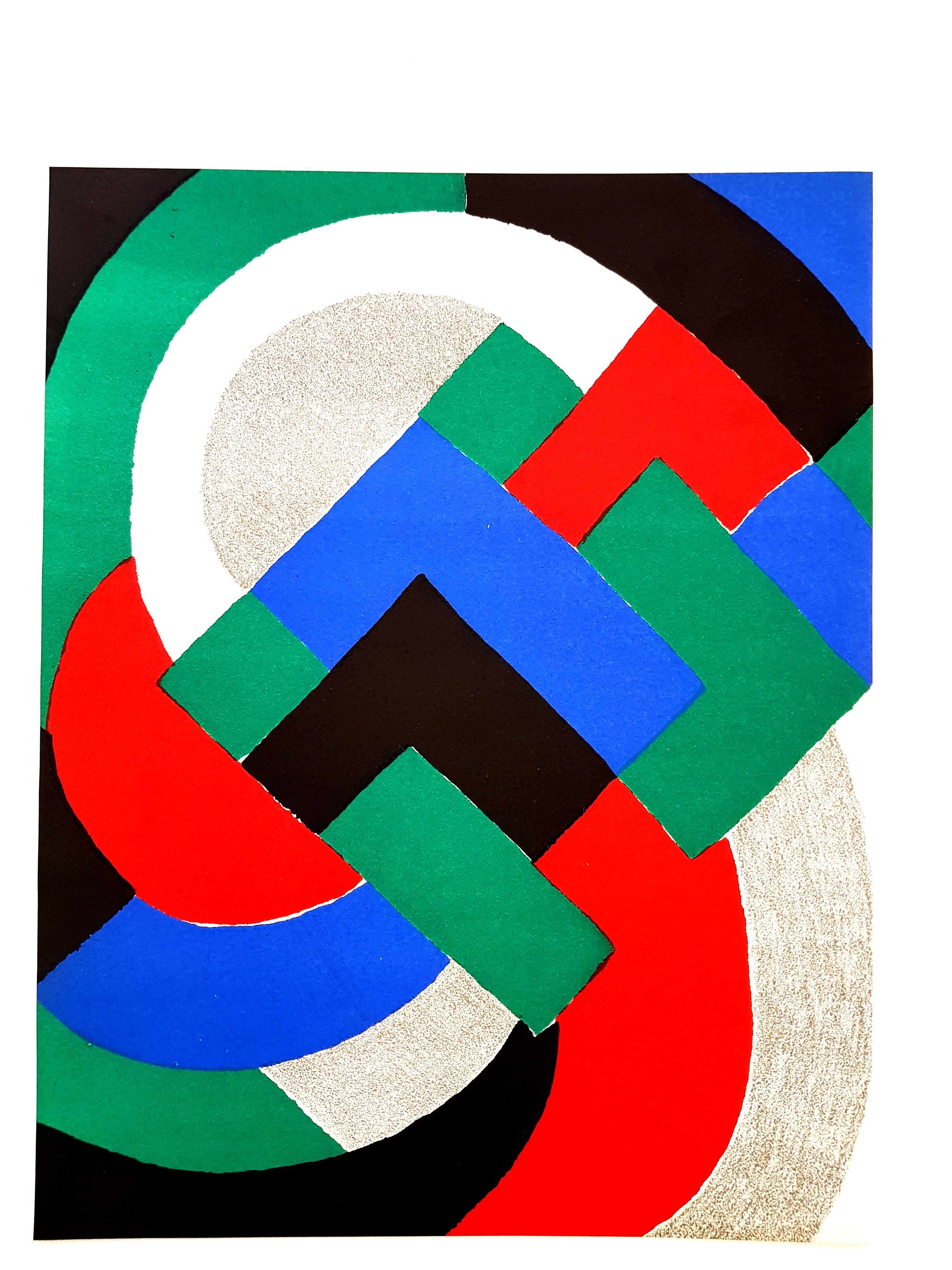 Sonia Delaunay - Composition 
Original Lithograph
1969
Dimensions: 32 x 25 cm
Revue XXe Siècle 
Cahiers d'art published under the direction of G. di San Lazzaro.

Sonia Delaunay was known for her vivid use of color and her bold, abstract patterns,