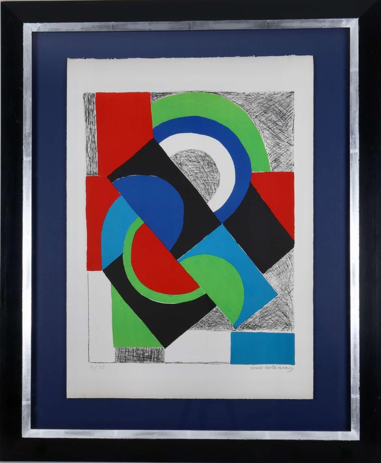 Sonia Delaunay: "Contrepoint", Framed, 1965 

Artist:  Sonia Delaunay (1885-1979)
Medium:  Original Colour Lithograph
Image size:  600 x 457 mm (23 5/8 x 18 inches)
Sheet size:  762 x 545 mm (30 x 21 inches)
Framed size:  1030 x 850 mm (40 1/2 x 33