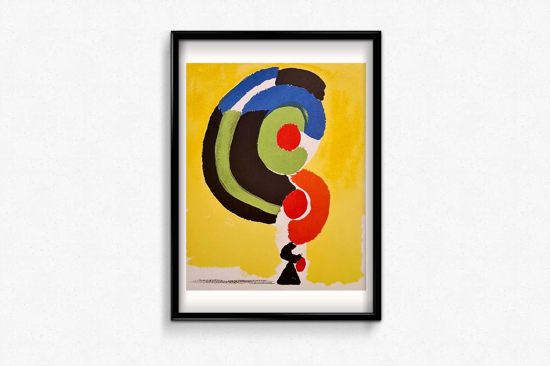 La lithographie de Sonia Delaunay de 1972, fruit d'une collaboration avec le célèbre atelier Mourlot, est un témoignage vibrant de la maîtrise de la couleur et de la forme par l'artiste. Cette pièce frappante, présentée dans l'influente publication