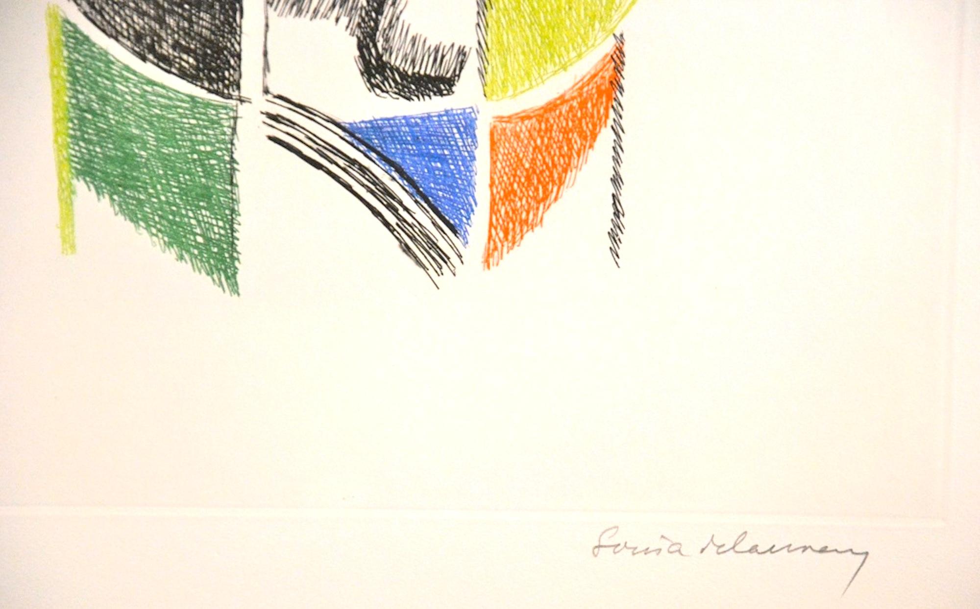 This original artwork by Sonia Delaunay is one of the six colored etchings of the portfolio Six Planches.

Delaunay realized this portfolio in 1966, each etching is on velin de Rives.

Hand-signed and numbered by the artist. Copy n. 45 from an