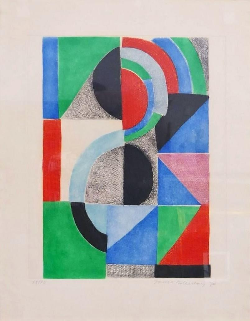 Bright, colorful and geometric, this exquisite original etching is hand-signed by Sonia Delaunay, and numbered, measuring 25 5/8 x 19 ¾ in (65 x 50 cm), unframed, from the edition of 75 as issued.