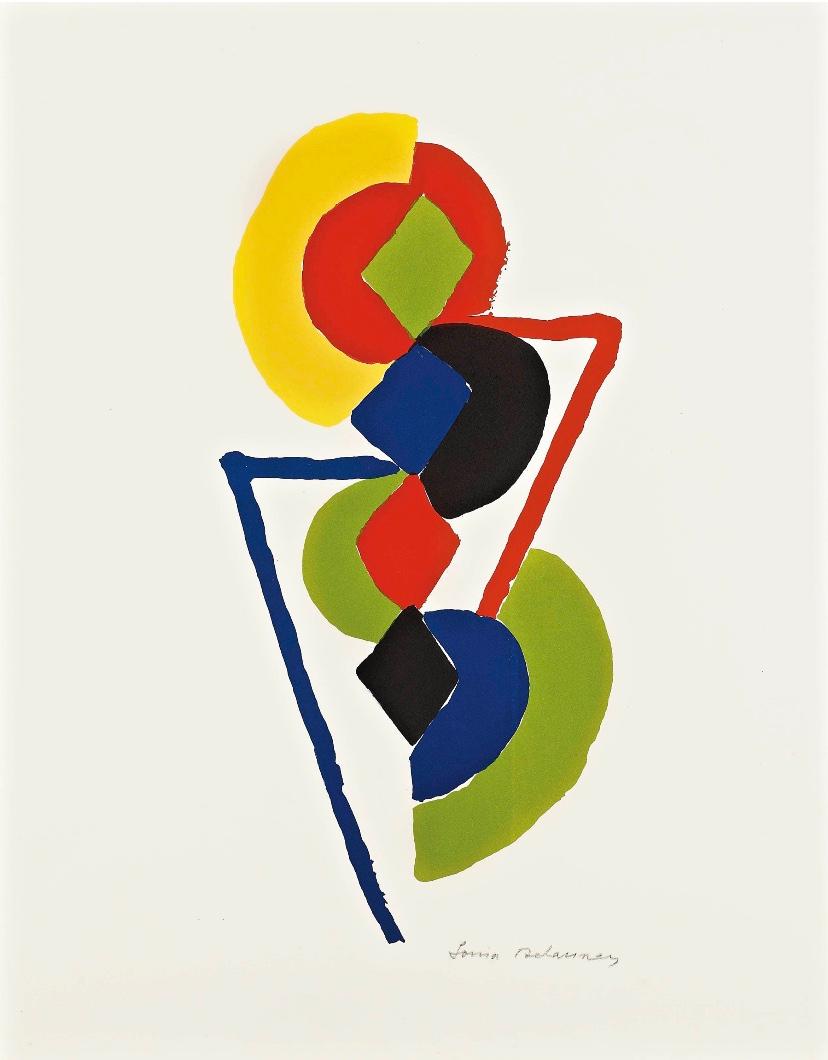 A stunningly simple, pleasing and colorful image by Sonia Delaunay, this original lithograph is hand-signed by the artist in pencil, and numbered, measuring 25 5/8 x 19 ¾ in (65 x 50 cm), unframed, from the edition of 75.