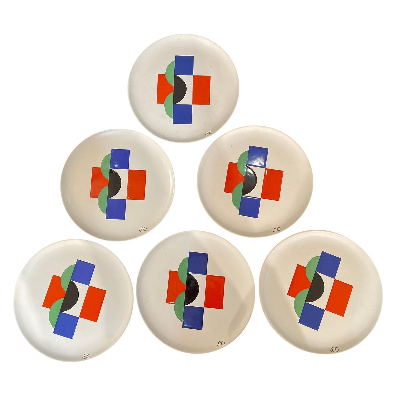 Sonia Delaunay, Set of 6 Plates and 1 Large Plate, circa 1985