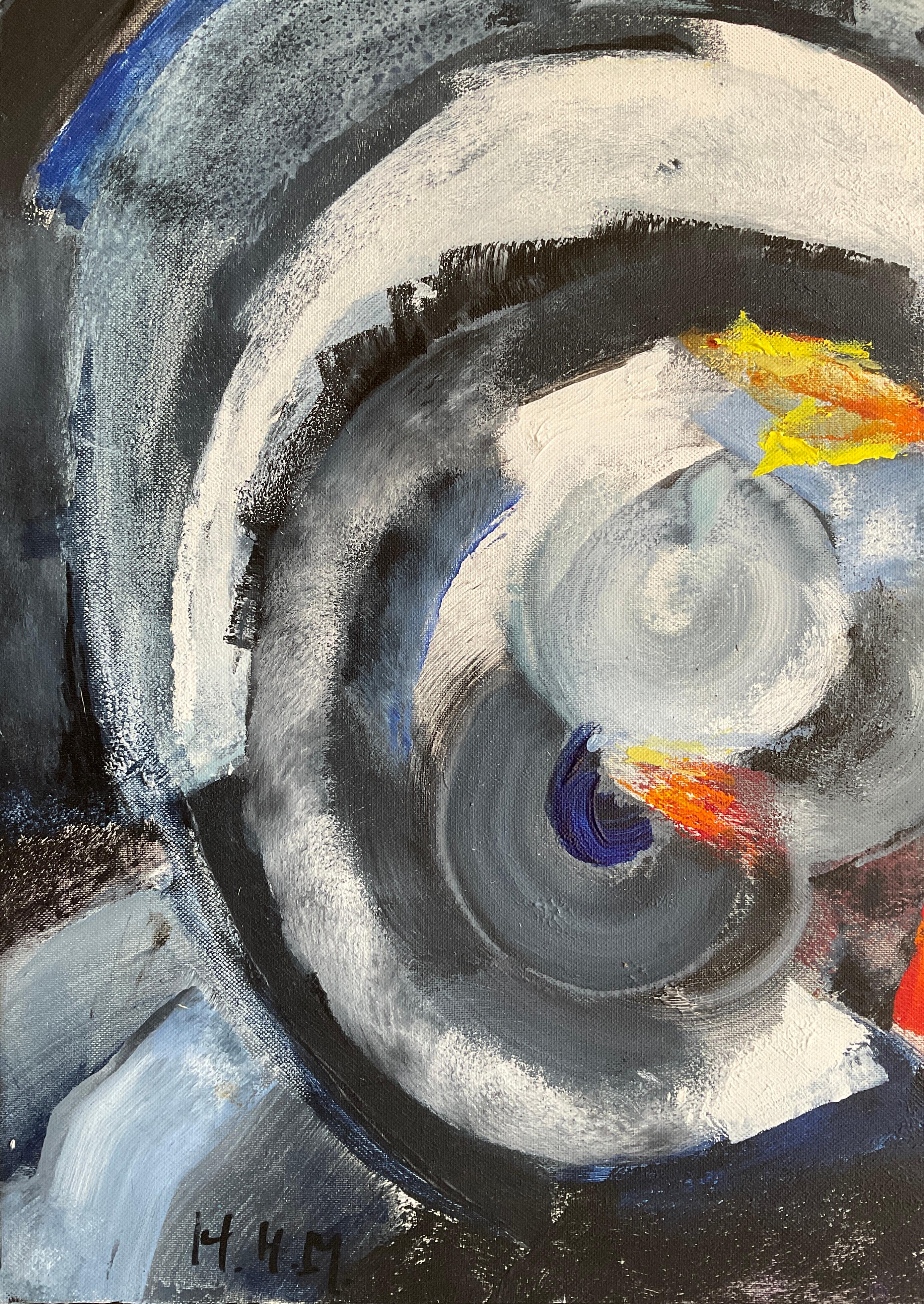Cette captivante peinture à l'huile abstraite de Heidi Melano évoque le style vibrant de Sonia Delaunay.  Créée lors de la célèbre collaboration de Melano avec des géants de l'art tels que Fernand Léger, Chagall et Braque sur des mosaïques
