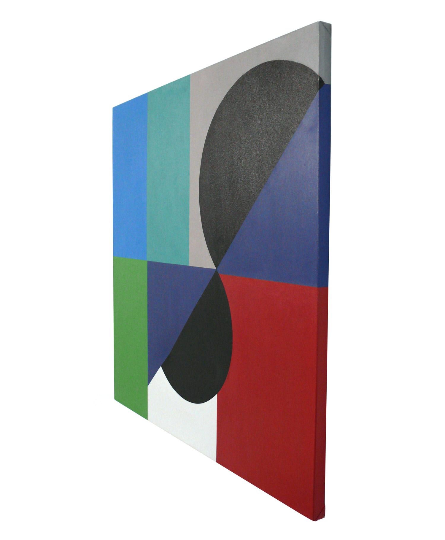 Large Scale Abstract Painting, in the style of Sonia Delaunay, actual artist unknown, American, circa 1990s. This painting packs a lot of colorful graphic punch and measures an impressive 48