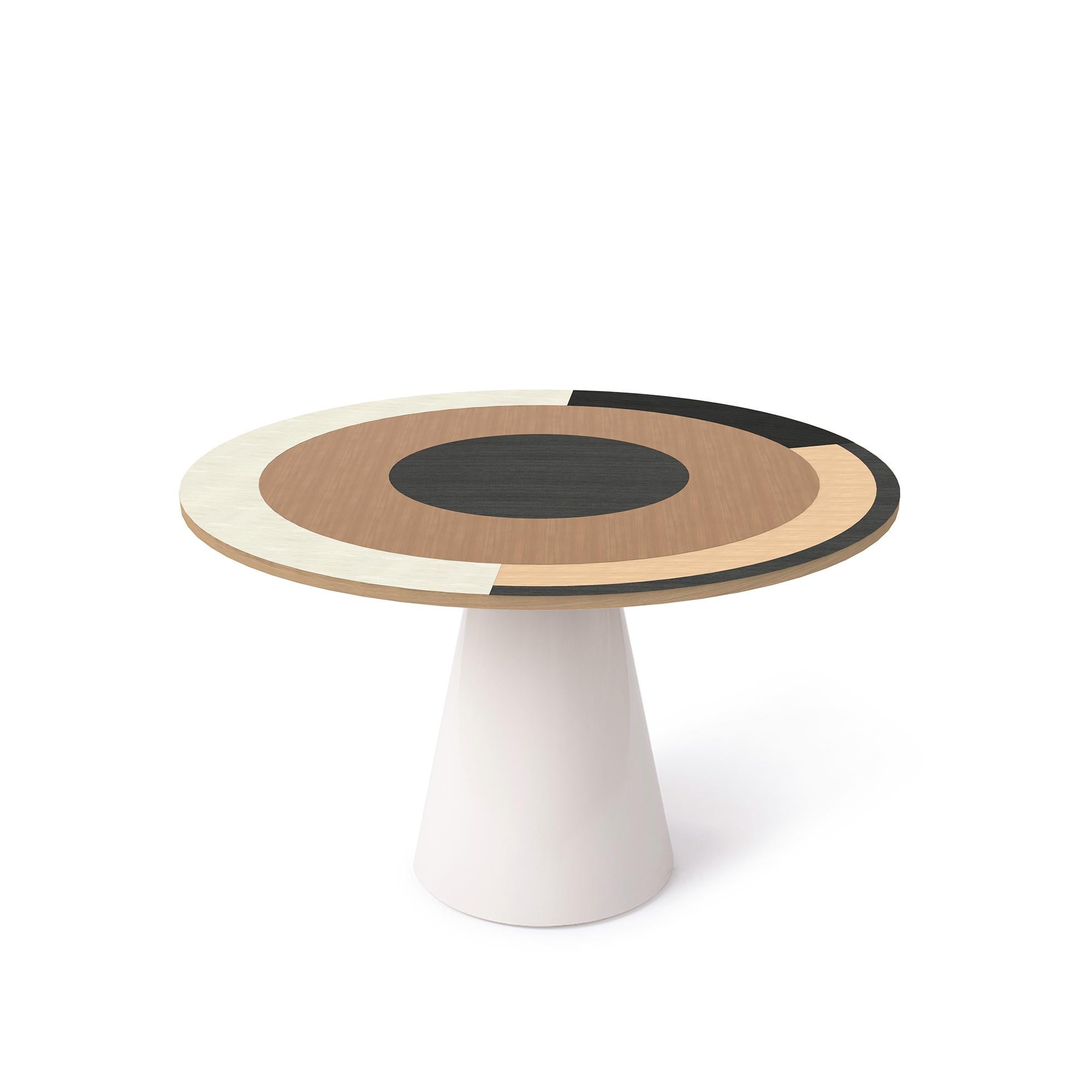 Sonia et Caetera dining table M2 designed by Thomas Dariel
Dimensions: 
Small: Diameter 100 x H 74 cm 
Medium: Diameter 115 x H 74 cm 
Large: Diameter 130 x H 74 cm 
Materials: Top in painted ash veneer, fronts in the matte paint finish,