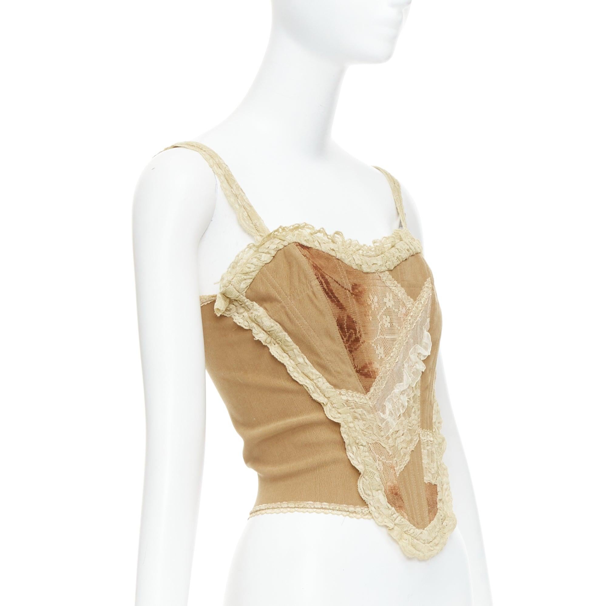Beige SONIA FORTUNA Vintage Brown Inserti Pizzo lace trim corset top IT42 M