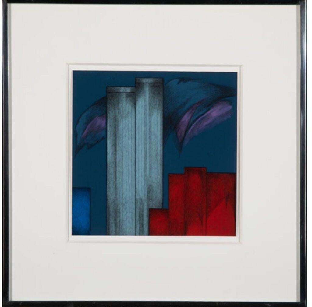 The City at Twilight: Twin Towers II, signiertes Gemälde, Gruenebaum Gallery label – Painting von Sonia Gechtoff