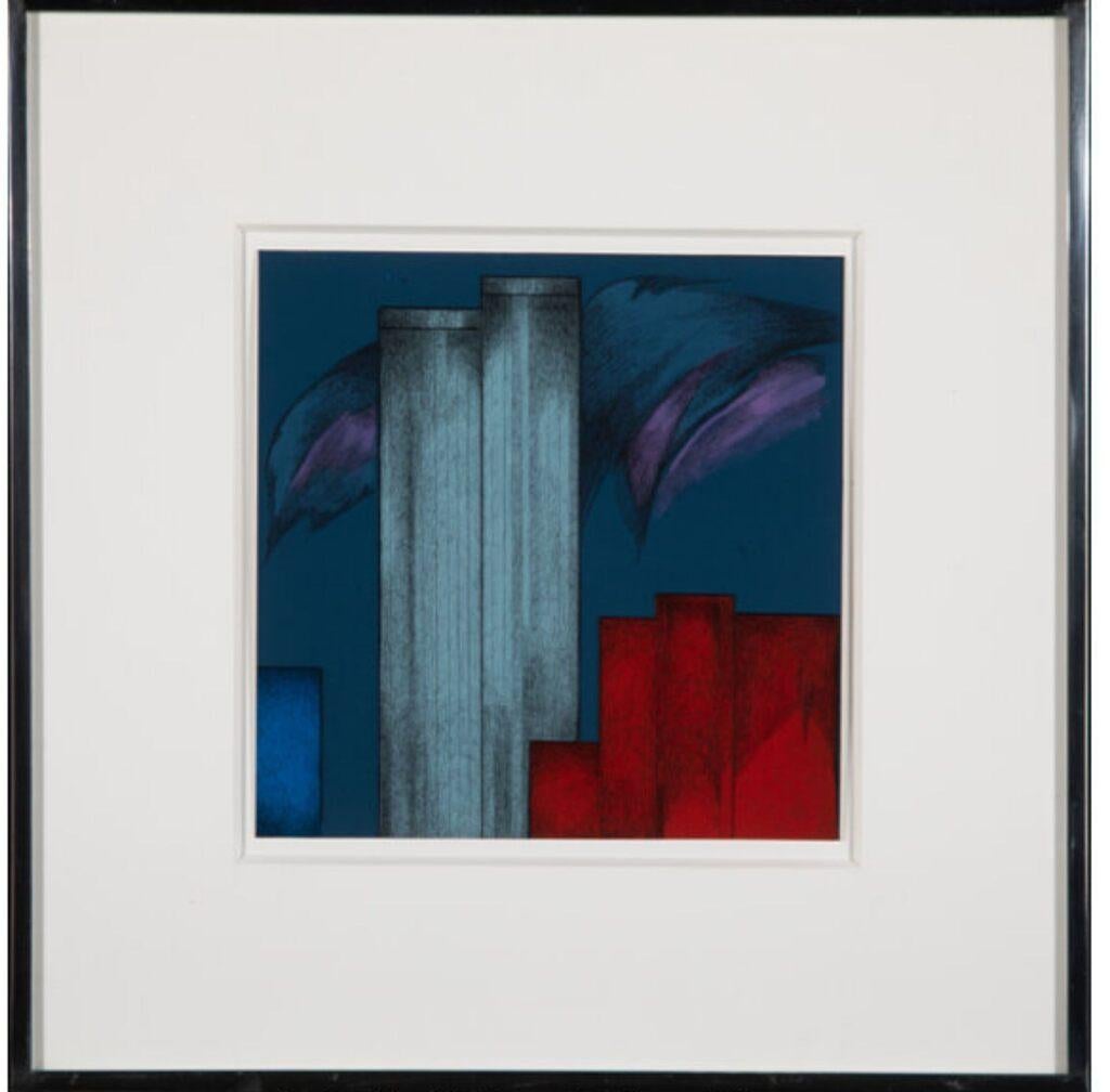 The City at Twilight: Twin Towers II, signed painting, Gruenebaum Gallery label - Painting by Sonia Gechtoff