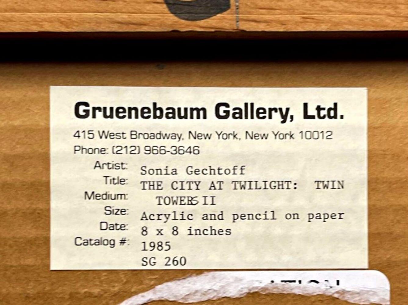 The City at Twilight: Twin Towers II, signed painting, Gruenebaum Gallery label - Abstract Expressionist Painting by Sonia Gechtoff