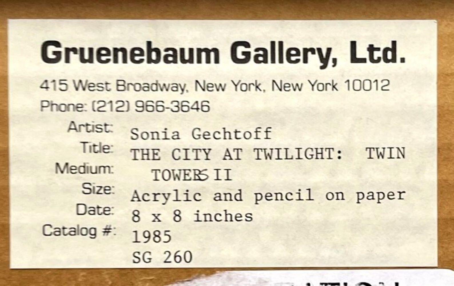 Sonia Gechtoff
Die Stadt in der Abenddämmerung: Zwillingstürme II, 1985
Acryl und Bleistift auf Papier (im Originalrahmen mit Label der Gruenebaum Gallery, NY)
Signiert und datiert auf der Vorderseite; trägt auch das originale Label der Gruenebaum