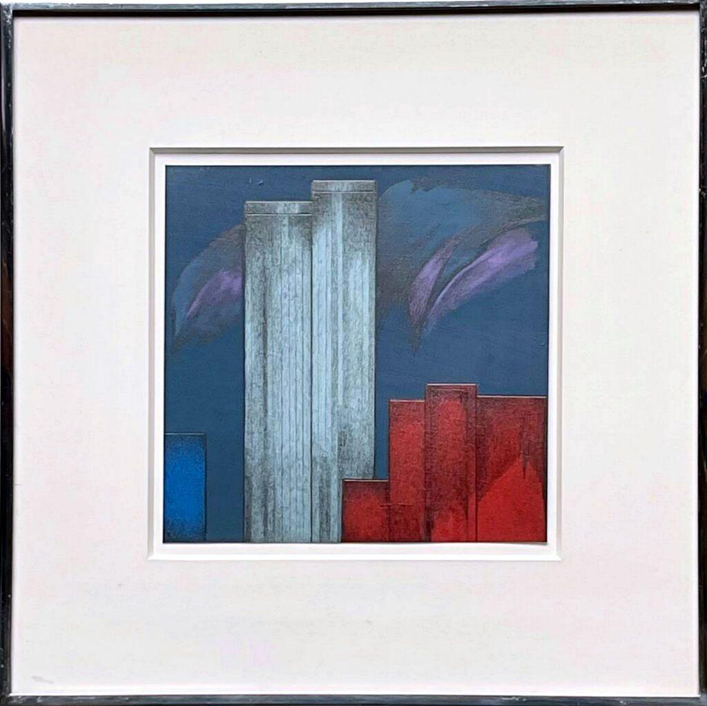 The City at Twilight: Twin Towers II, signed painting, Gruenebaum Gallery label For Sale 2