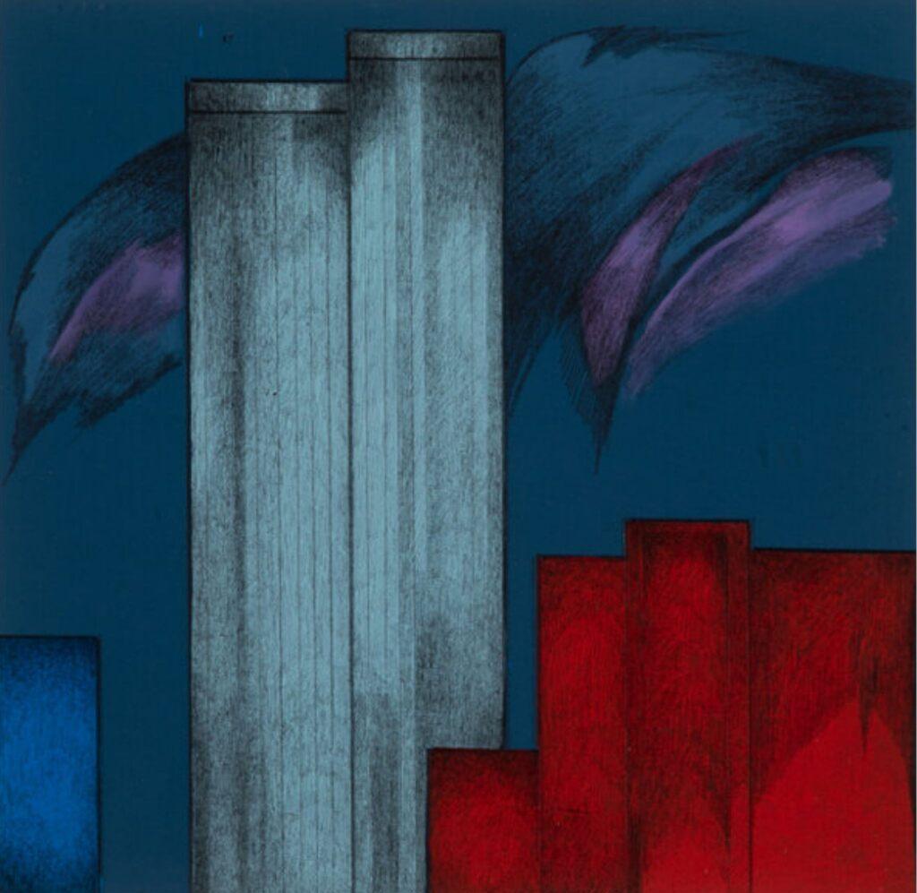 Sonia Gechtoff Abstract Painting – The City at Twilight: Twin Towers II, signiertes Gemälde, Gruenebaum Gallery label