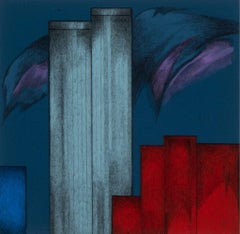 La ville au crépuscule : Twin Towers II, peinture signée, étiquette de la Gruenebaum Gallery