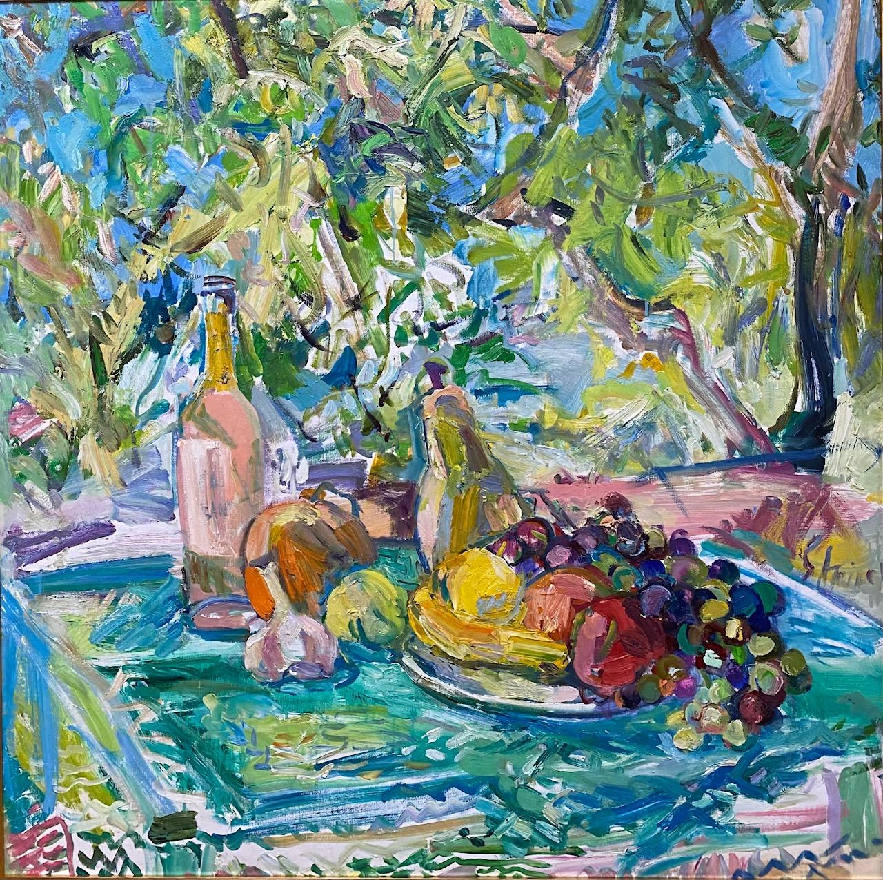 Afternoon Wine and Fruit, original 38x38 abstract expressionist still life - Painting by Sonia Grineva
