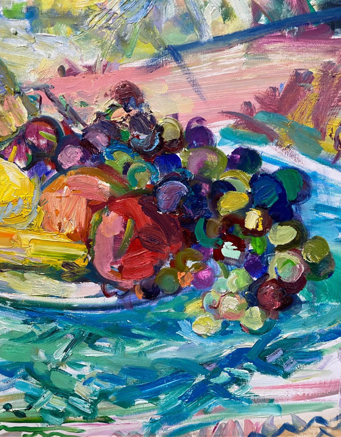Afternoon Wine and Fruit, original 38x38 abstract expressionist still life - Abstract Expressionist Painting by Sonia Grineva