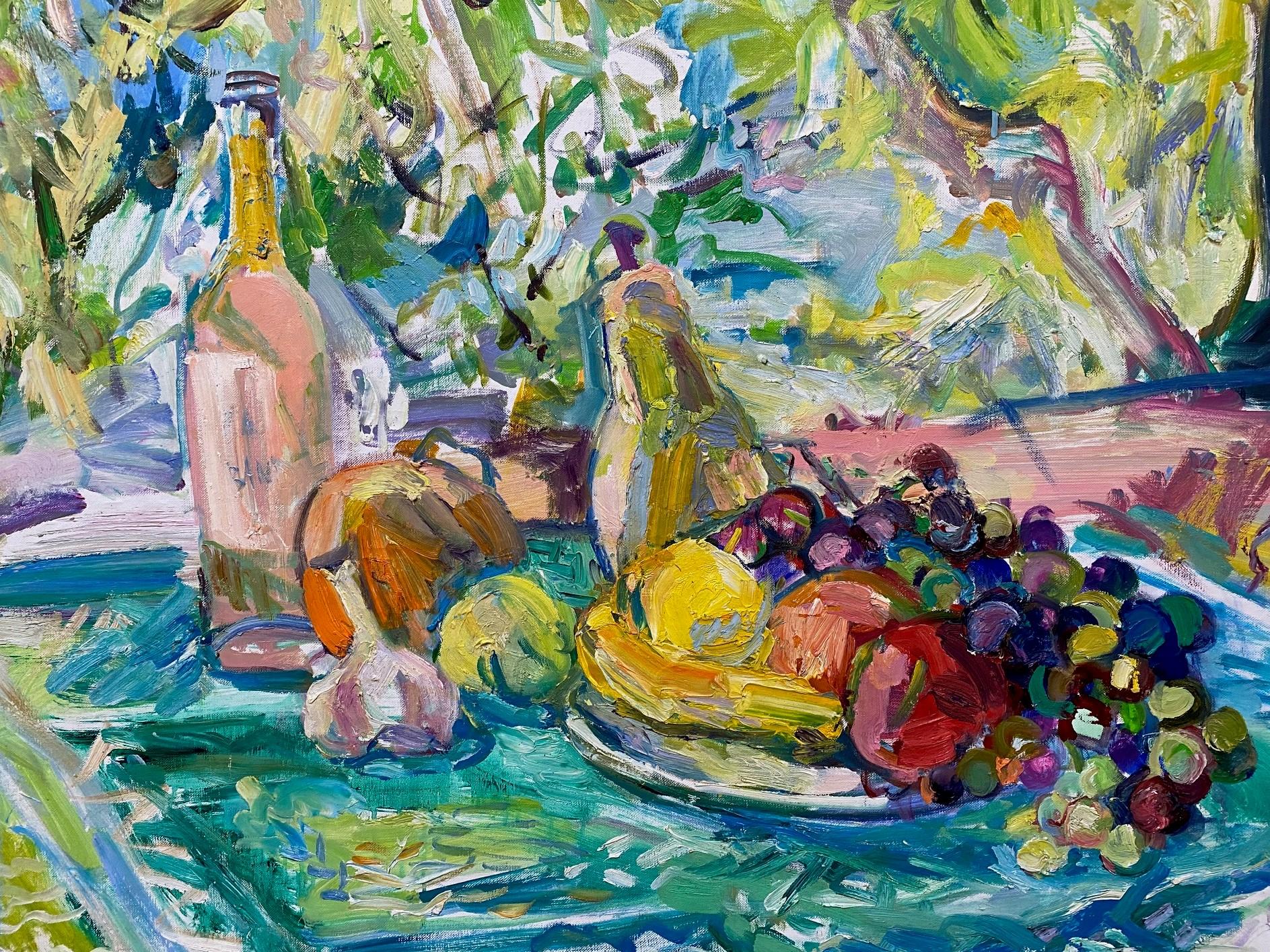 Afternoon Wine and Fruit, original 38x38 abstract expressionist still life - Gray Abstract Painting by Sonia Grineva