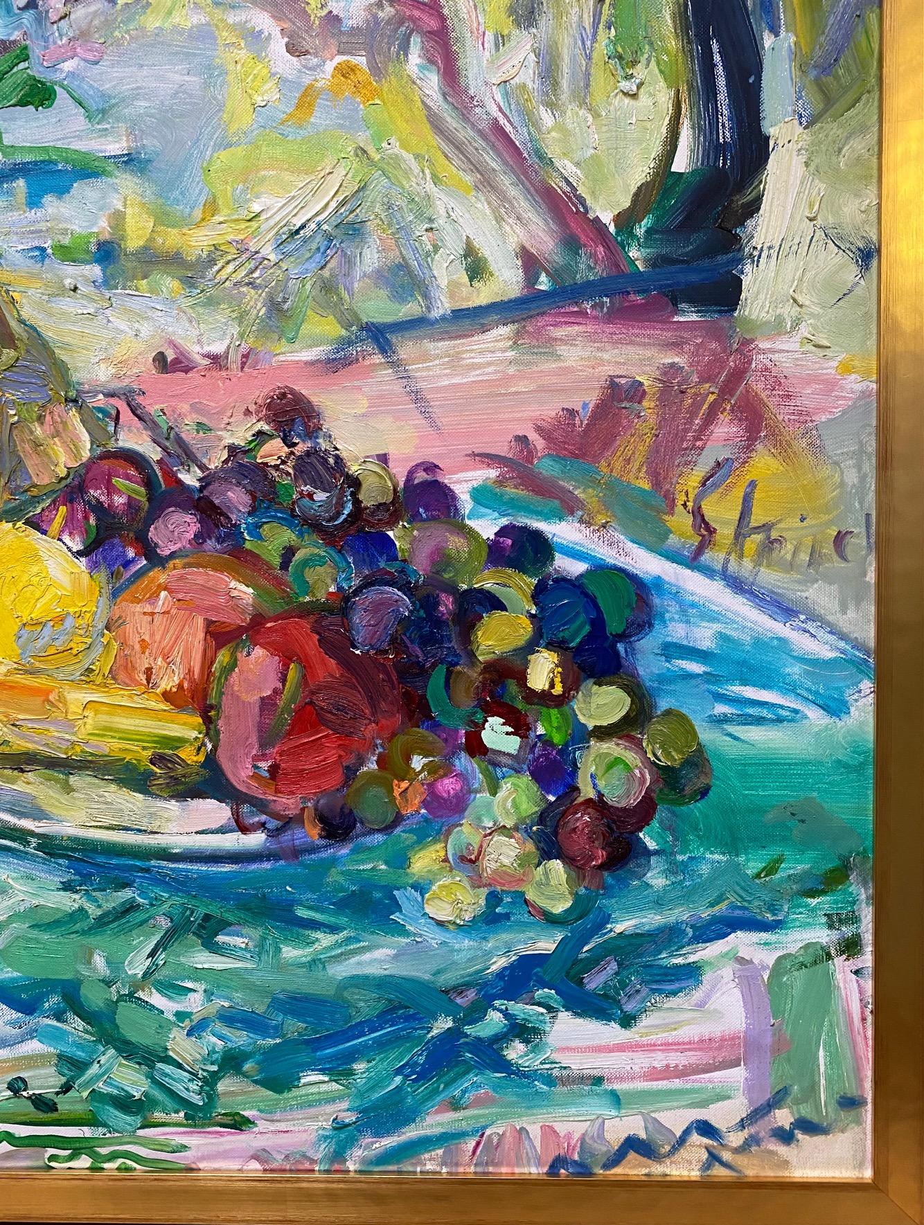 Afternoon Wine and Fruit, original 38x38 abstract expressionist still life 1