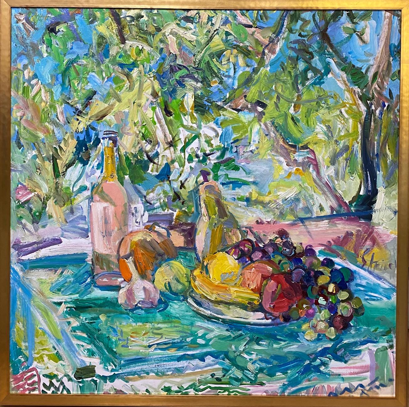 Sonia Grineva Abstract Painting - Afternoon Wine and Fruit, original 38x38 abstract expressionist still life