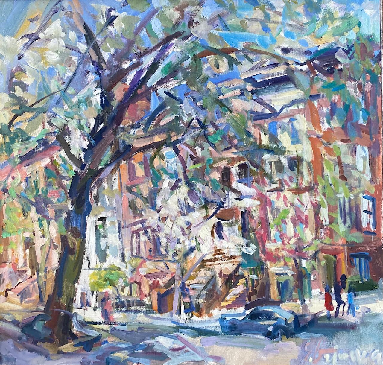 Carnegie Hill, original 28x29 abstract expressionist New York City landscape - Painting by Sonia Grineva