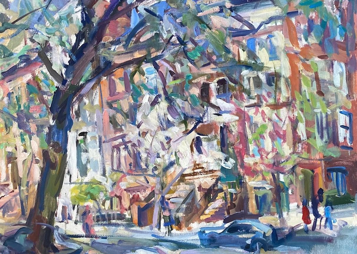 Carnegie Hill, original 28x29 abstract expressionist New York City landscape - Abstract Expressionist Painting by Sonia Grineva