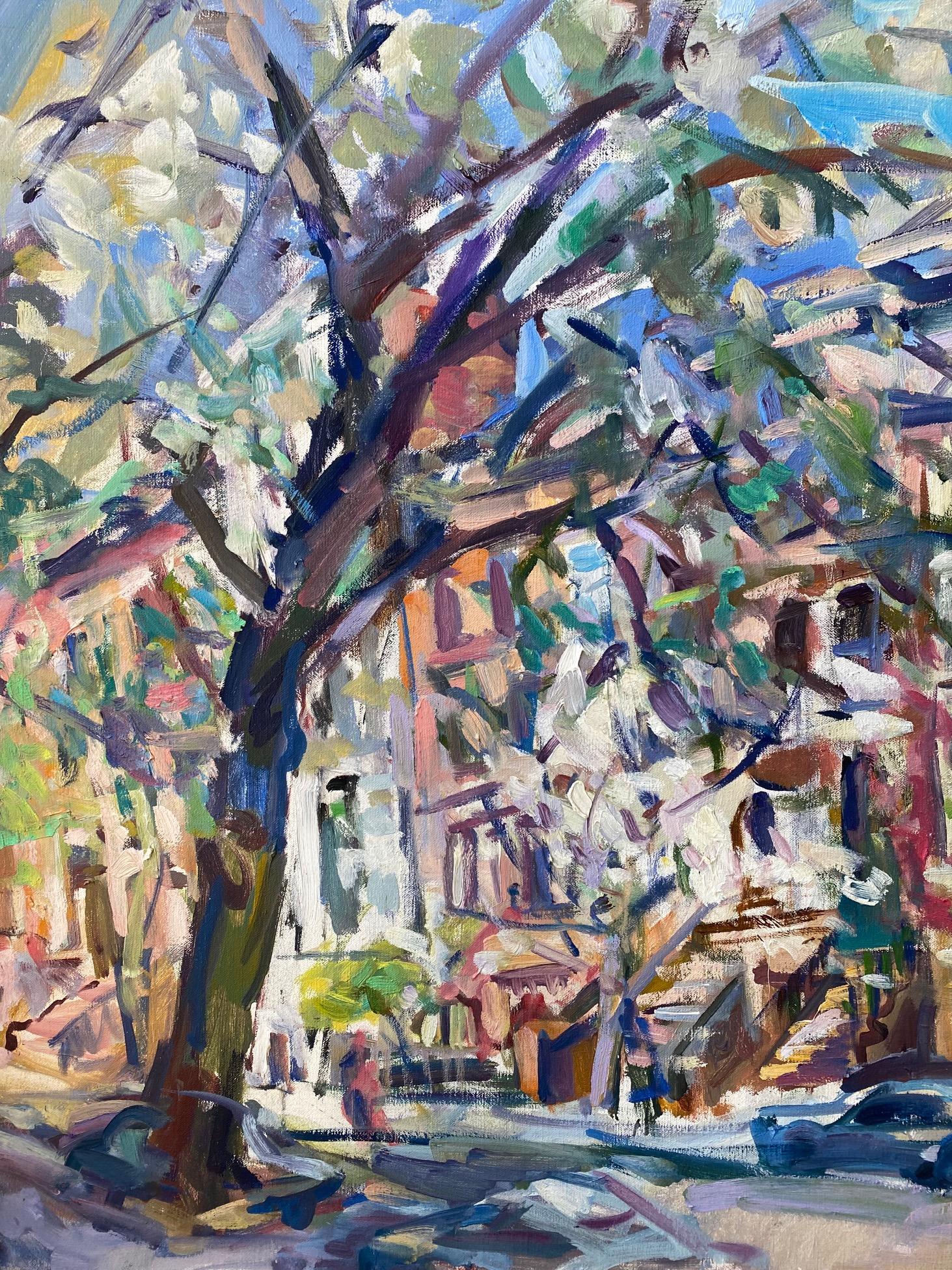 Carnegie Hill, paisaje neoyorquino expresionista abstracto original de 28x29 - Landscape Painting Gris de Sonia Grineva