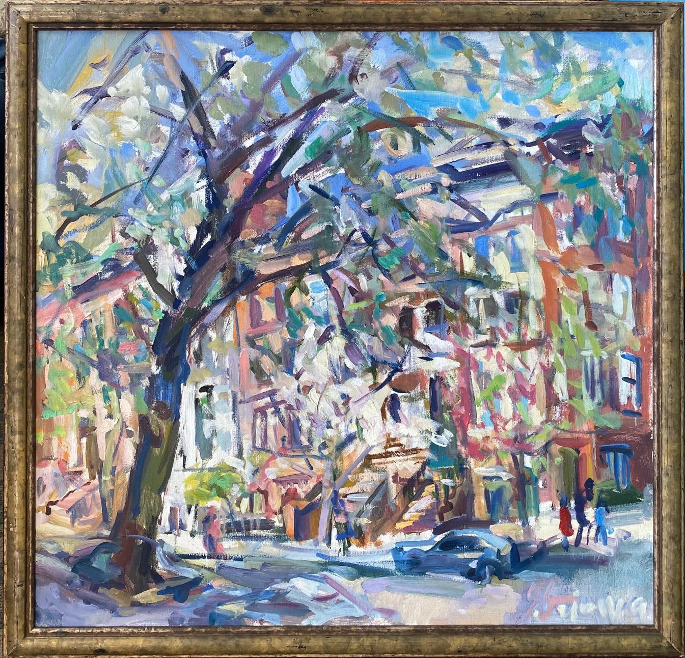 Sonia Grineva Landscape Painting - Carnegie Hill, original 28x29 abstract expressionist New York City landscape