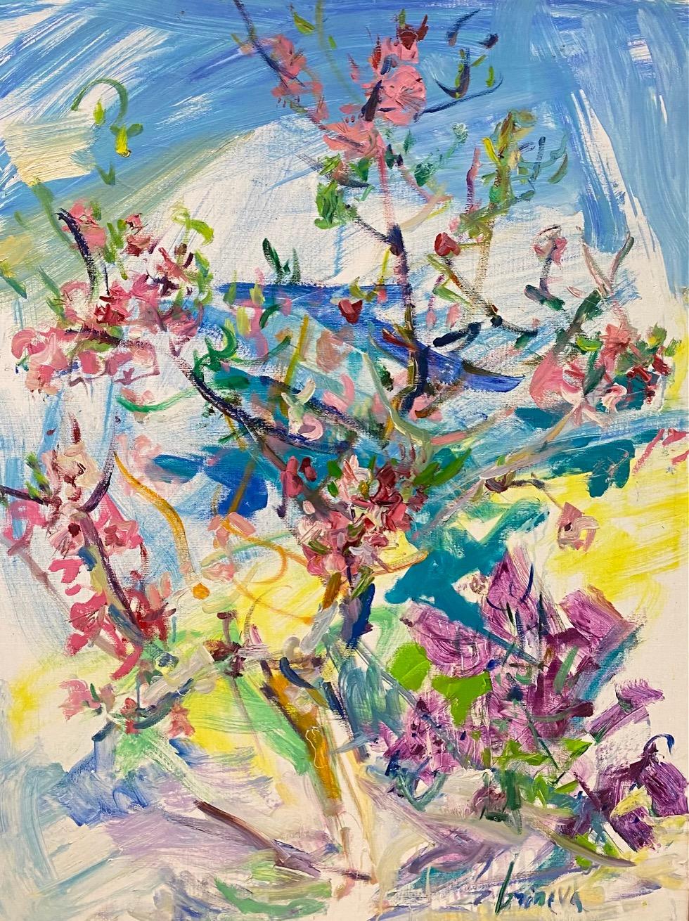 Island Winds of Italy, paysage floral expressionniste abstrait, 48x36 - Painting de Sonia Grineva