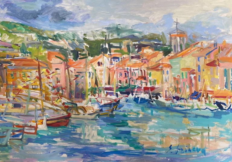 Cassis, original 32x46 abstract impressionist European landscape - Painting by Sonia Grineva