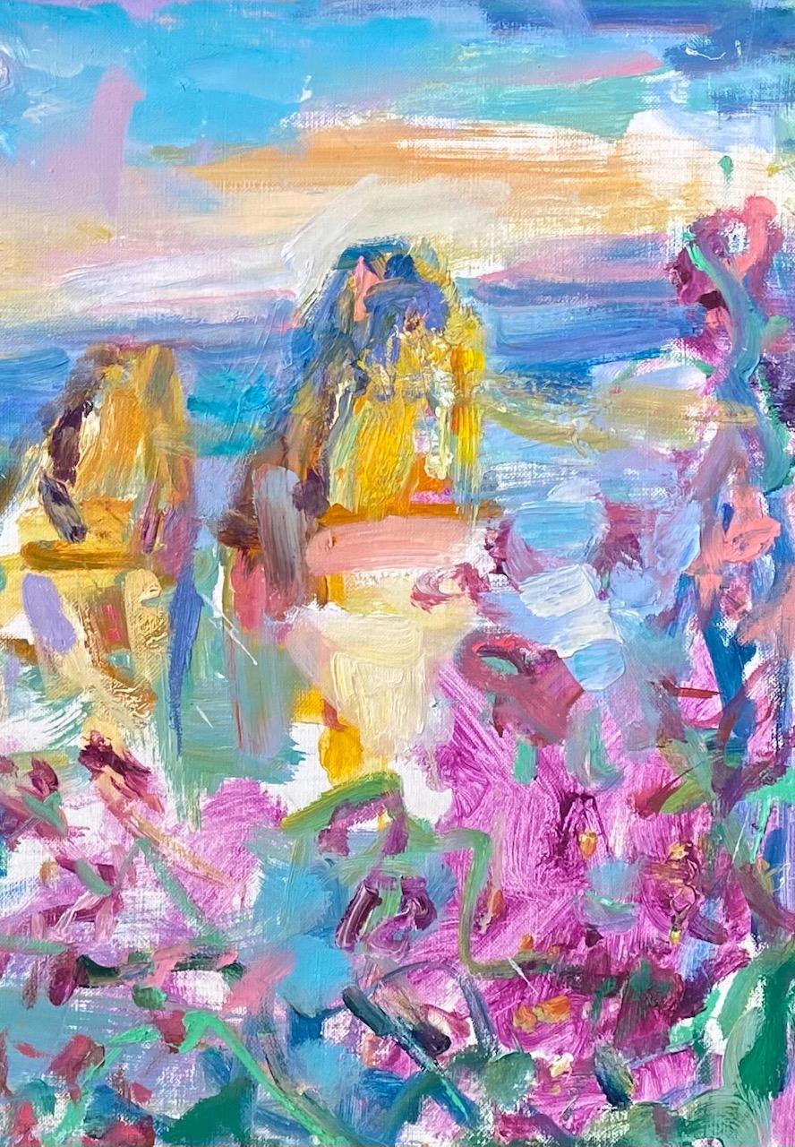 Rocas Faraglioni, Capri, original 20x36 paisaje marino abstracto italiano - Painting Expresionismo abstracto de Sonia Grineva