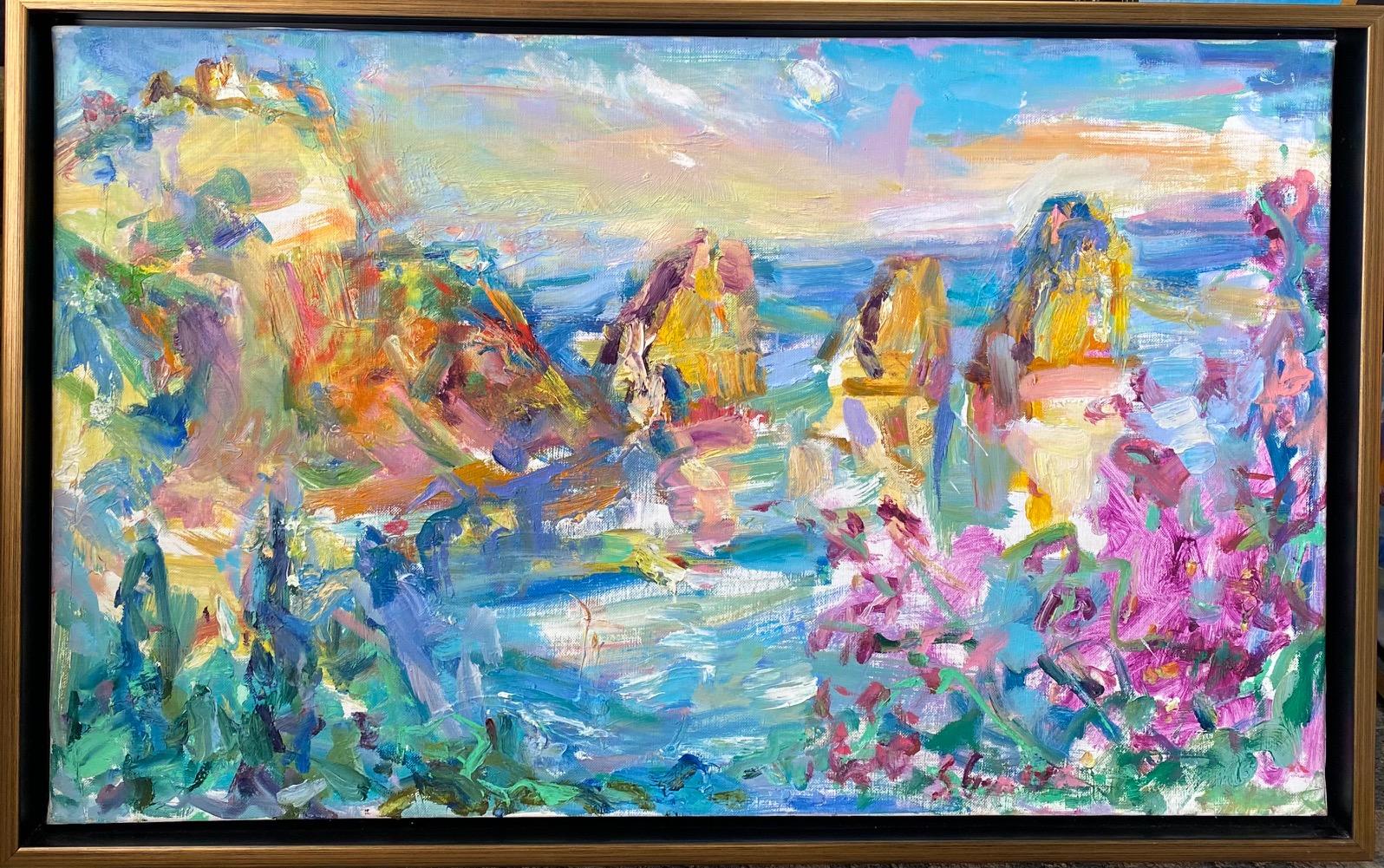 Sonia Grineva Abstract Painting - Faraglioni Rocks, Capri, original 20x36 abstract Italian marine landscape