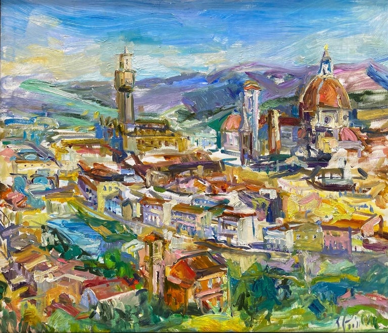 Florence, original 38x45 abstract expressionist Italian landscape - Abstract Expressionist Painting by Sonia Grineva