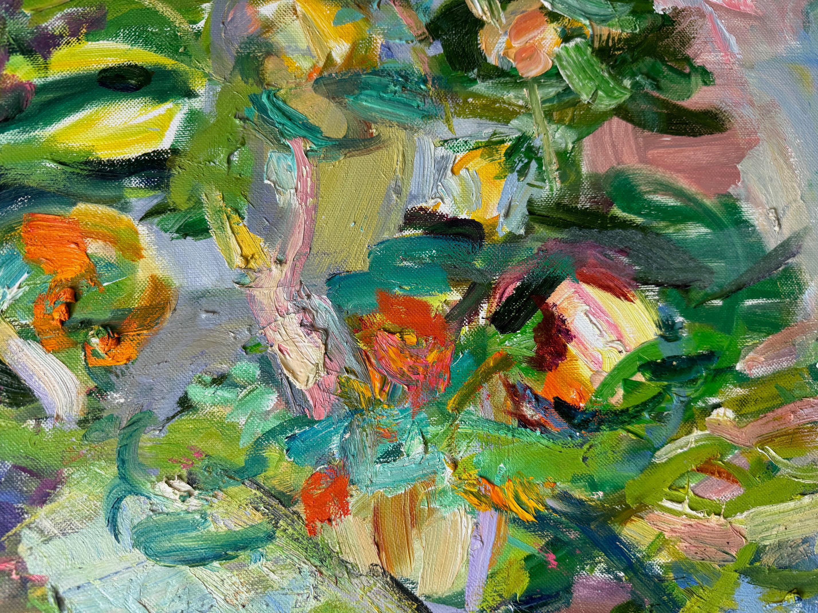 Fiori in riva al mare, originale paesaggio astratto espressionista italiano - Landscape Painting Marrone di Sonia Grineva