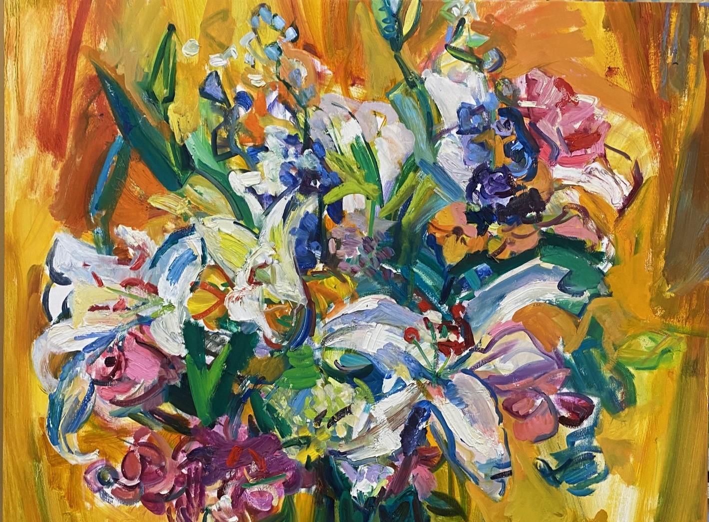 Flowers in a Vase, original 42 x 33 abstract expressionist floral still life - Painting by Sonia Grineva