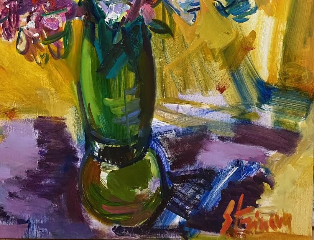 Flores en un jarrón, bodegón floral expresionista abstracto original de 42 x 33 en venta 3