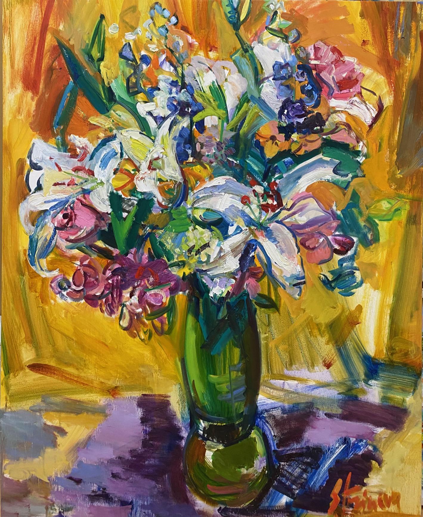 Fleurs dans un vase, nature morte florale expressionniste abstraite originale 42 x 33