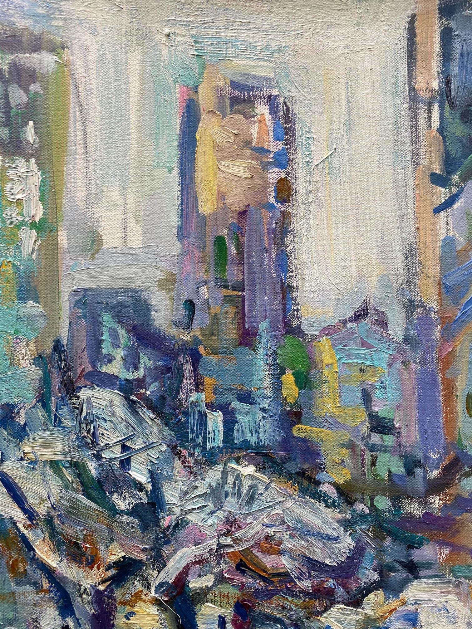 In Front of the Plaza, original abstract expressionist New York City landscape - Abstract Expressionist Painting by Sonia Grineva