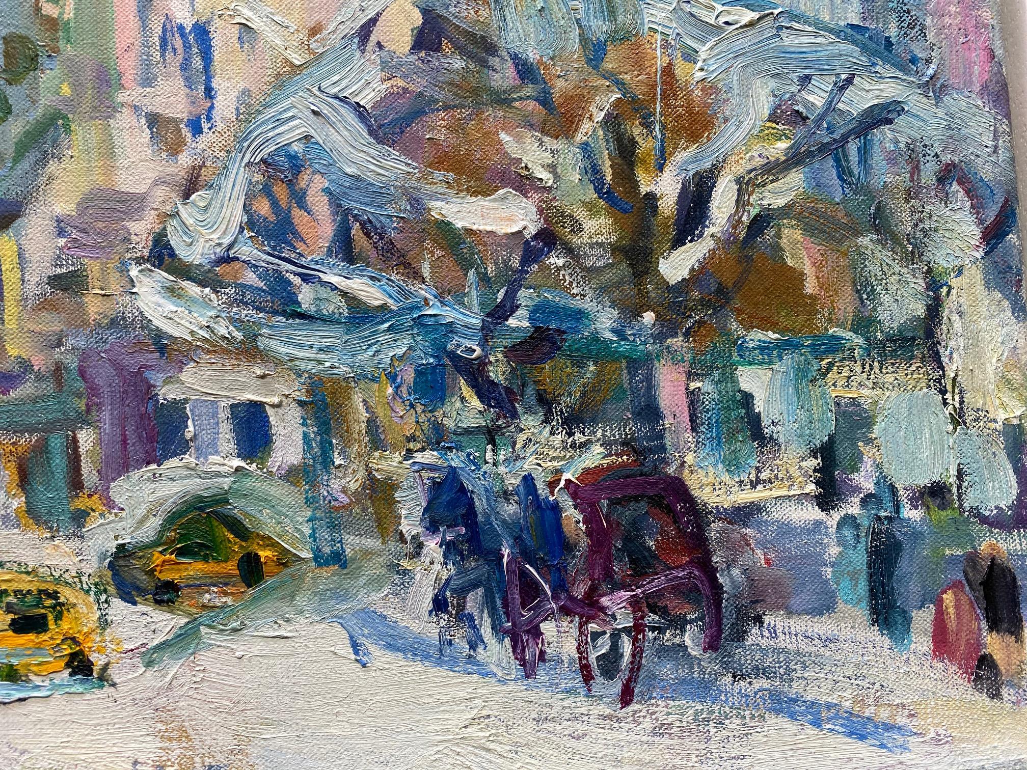 In Front of the Plaza, original abstract expressionist New York City landscape - Gray Landscape Painting by Sonia Grineva