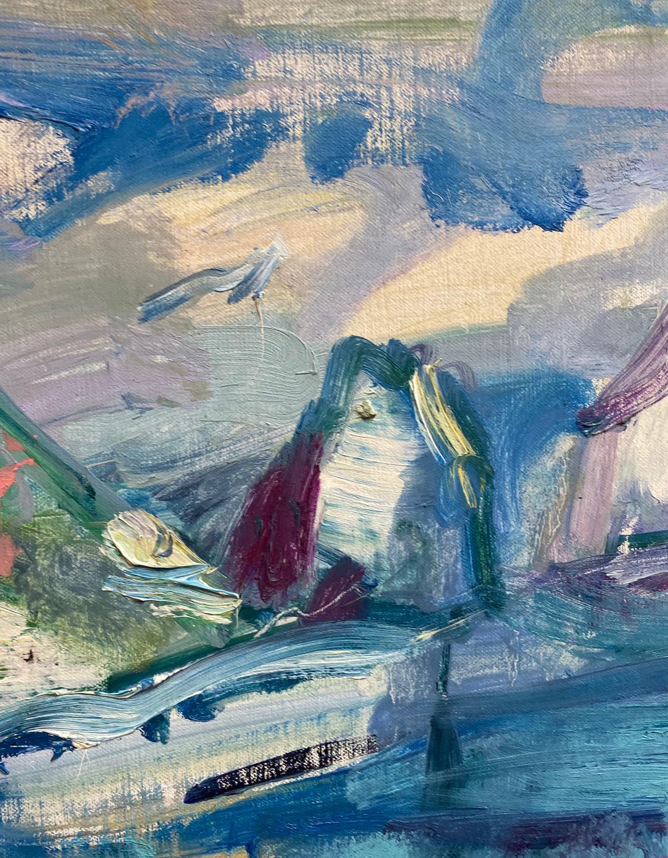 Sophisticated, elegant paradise, the Island of Capri is a restful retreat for those in the fast lane.  The cool and crisp values of the colors are paired with classic impasto to create an active dynamic in this original abstract landscape.  Trending