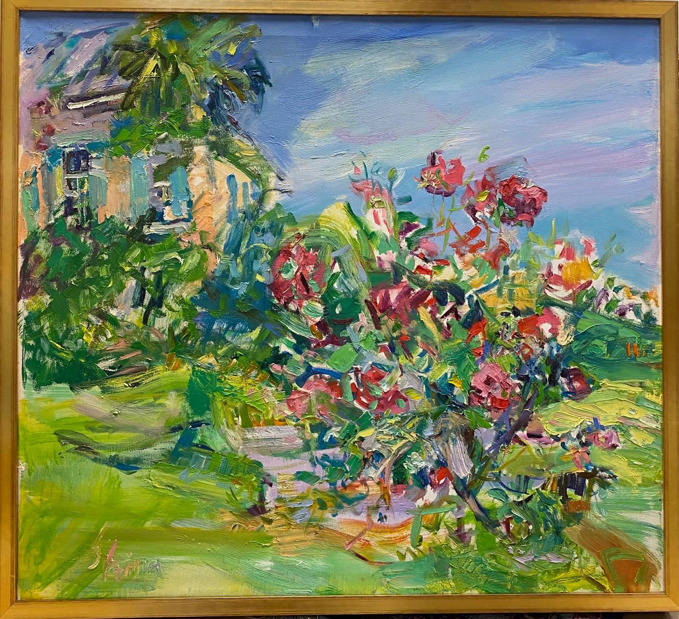 Sonia Grineva Landscape Painting - Italian Hideaway, original 36x40 abstract expressionist floral landscape