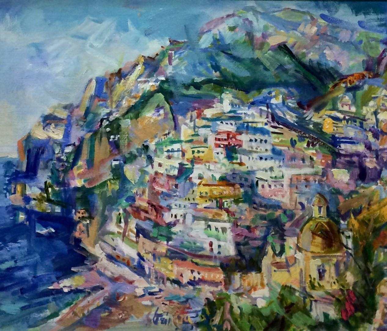 Positano, original 36x42 post impressionist Italian landscape - Painting by Sonia Grineva