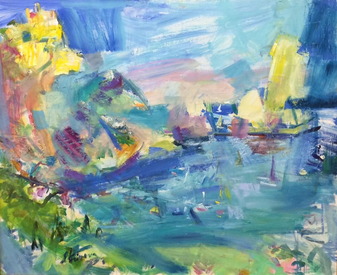The Magical Island of Capri,  original 40x48 abstract Italian landscape - Painting by Sonia Grineva