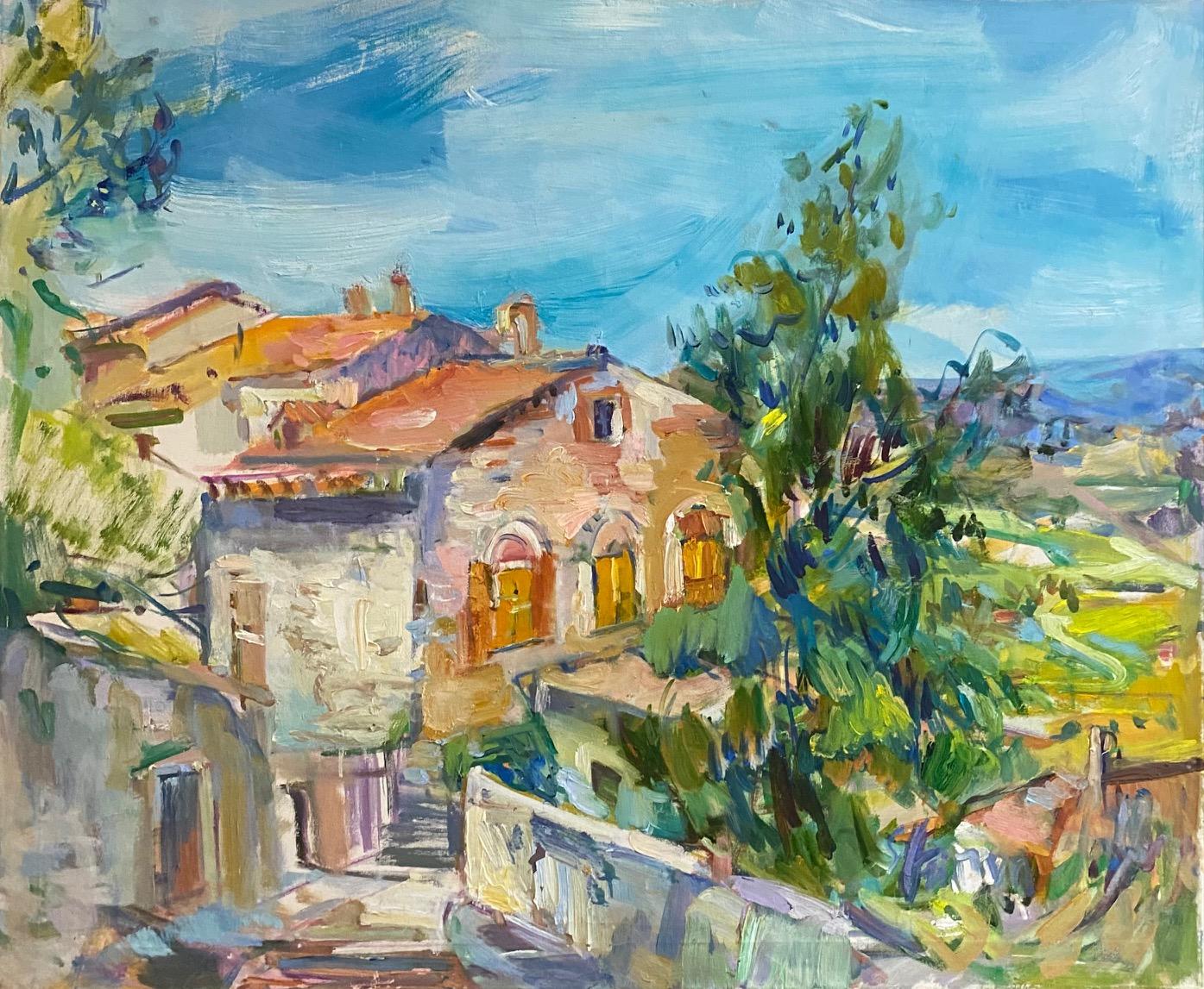 Todi, Umbria, original 30x36 abstract expressionist Italian landscape - Painting by Sonia Grineva