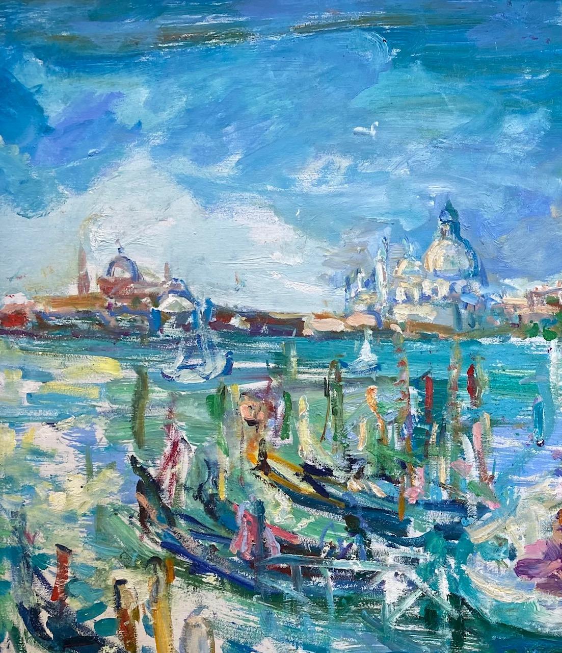 Venise, paysage marin expressionniste abstrait original 30x47 - Bleu Abstract Painting par Sonia Grineva